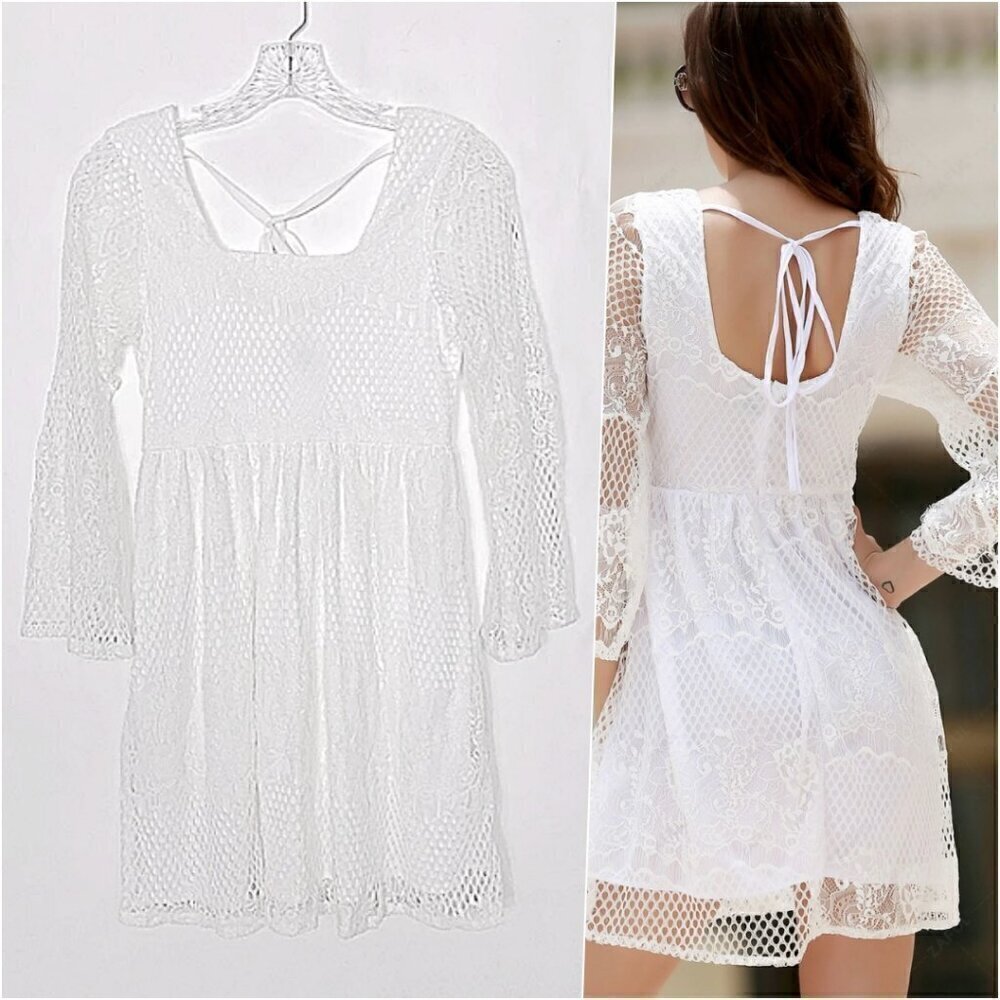 Boho White Lace Crochet Mini Dress XS S